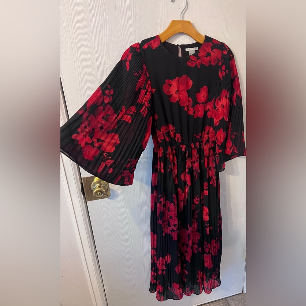 H&M Black & Red Floral Maxi Dress with Wide 3/4 Sleeves